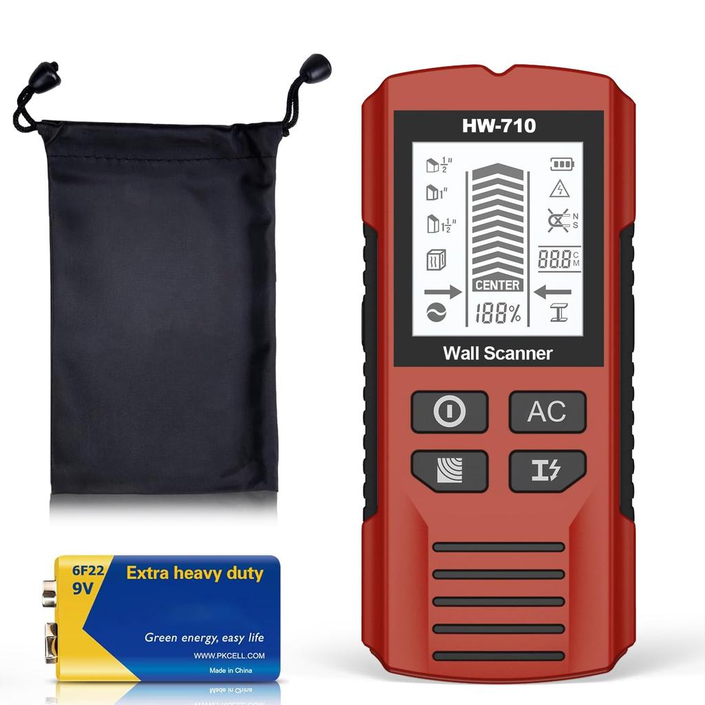 Multifunctional Handheld Metal & Wall Detector, 2025 New Stud Finder Wall Scanner with HD LCD Display and Audio Metal and AC Wire Detection (Red)