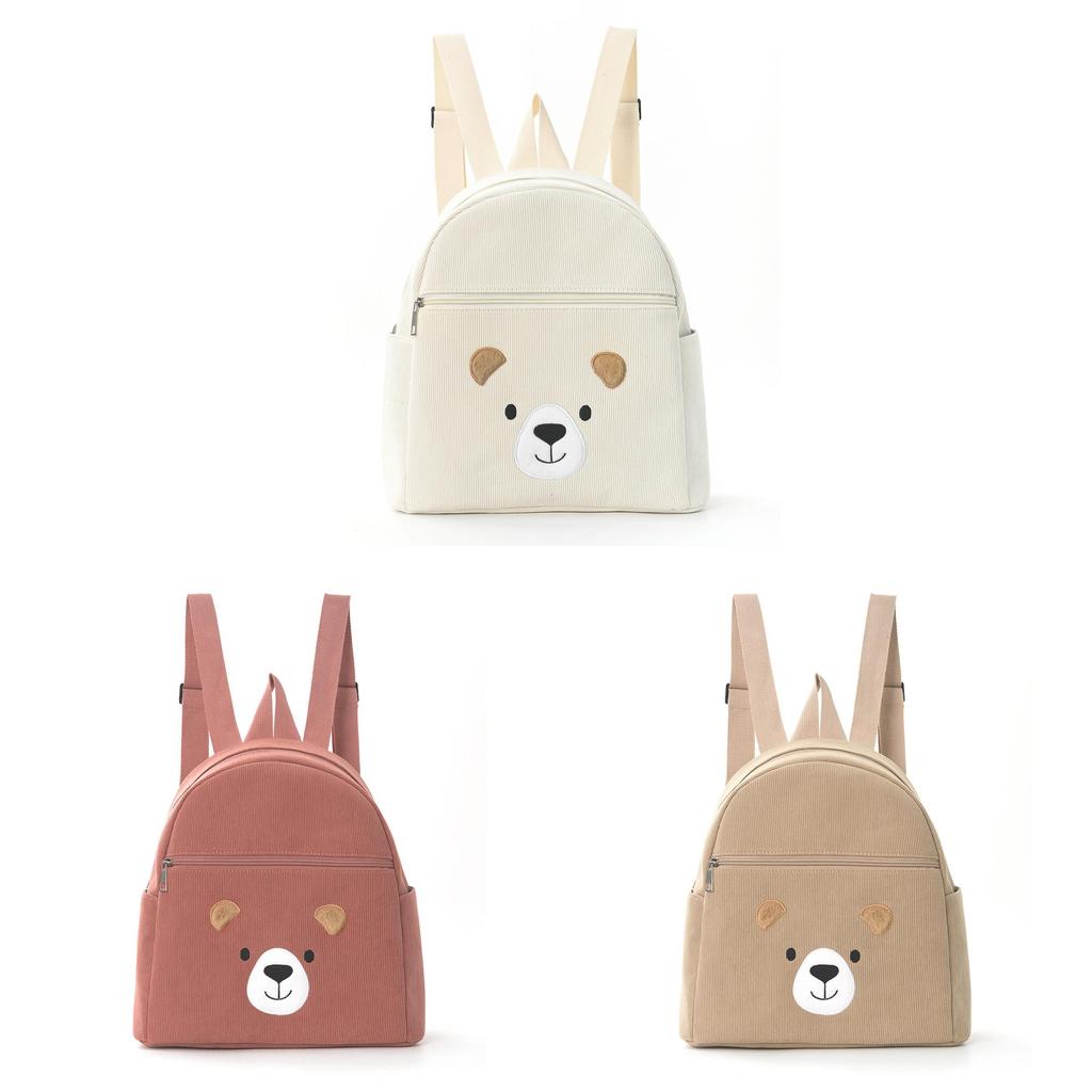 Corduroy Student Backpack With Embroidered Animal Pattern And Laptop Storage For Casual Travel