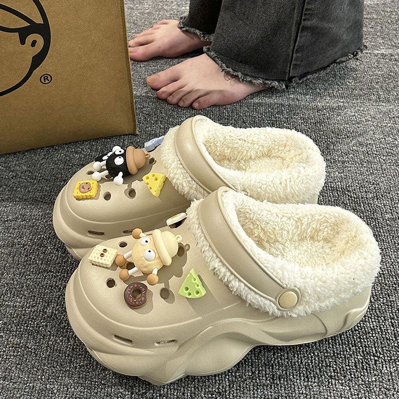 New velvet hole shoes women's winter non-slip outer wear cotton shoes heightened thick-soled home removable cotton slippers