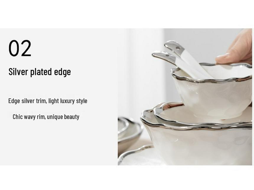 Elegant Hammered Silver Edge Ceramic Bowl & Plate Set - Perfect Housewarming Gift