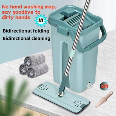 Mop plano com balde, esfregão de limpeza de piso sem torção, almofadas de microfibra para uso úmido ou seco em laminados de madeira dura