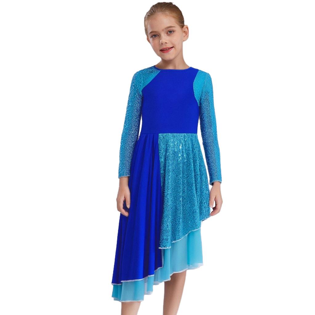 Girls Praise Dance Dress Long Sleeve Round Neck Design with Sparkling Sequins Color Block Asymmetrical Robe