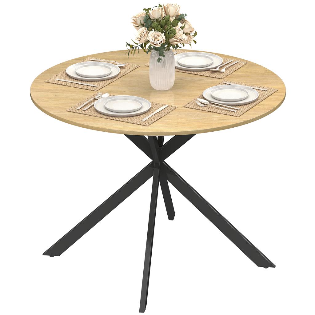 Round Dining Table for 4, 100 cm, Wood-Effect Top, Crossed Oak Steel Base