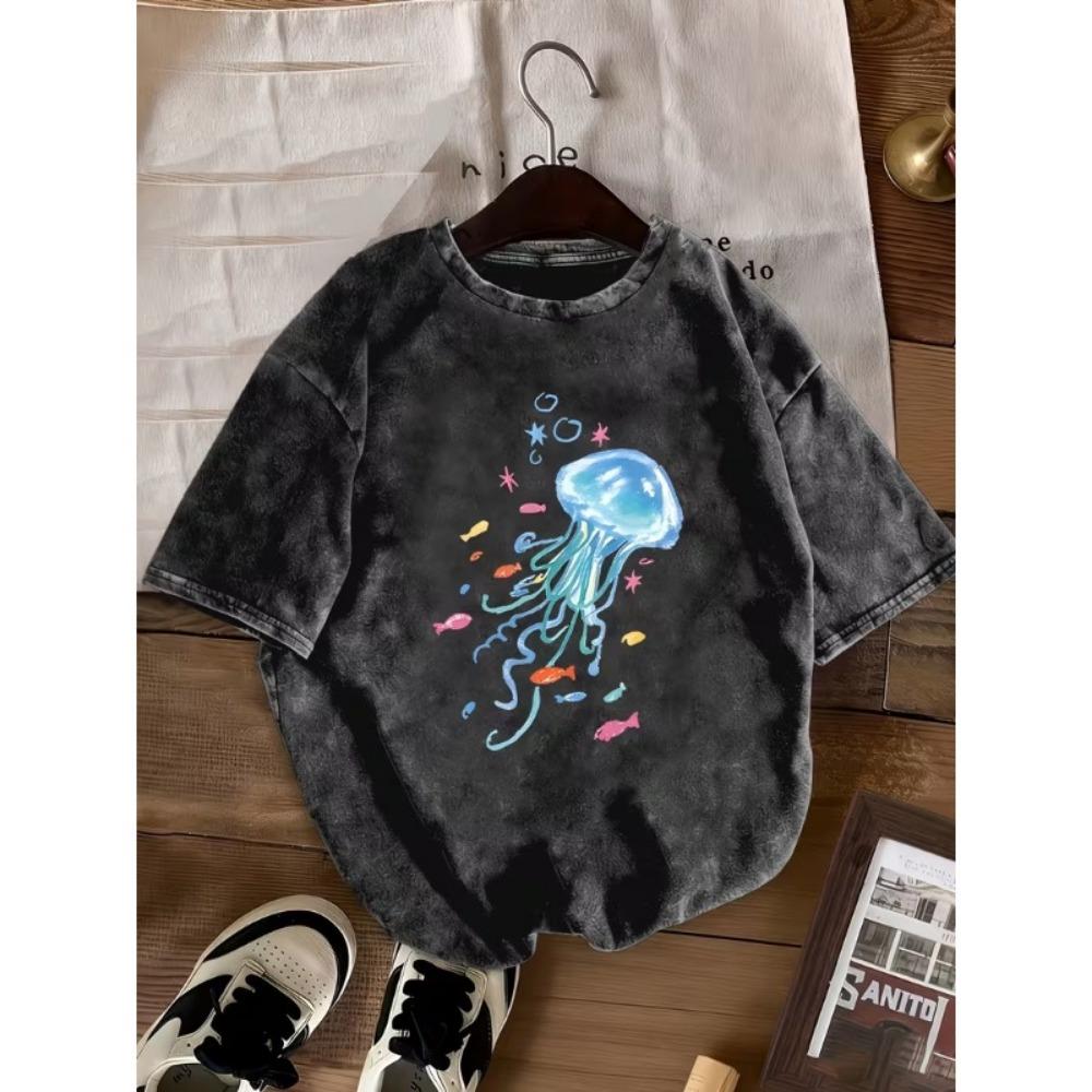 Vintage Washed Jellyfish Print T-Shirt Watercolor Ocean Marine Design Women's Short Sleeve Tee for Summer