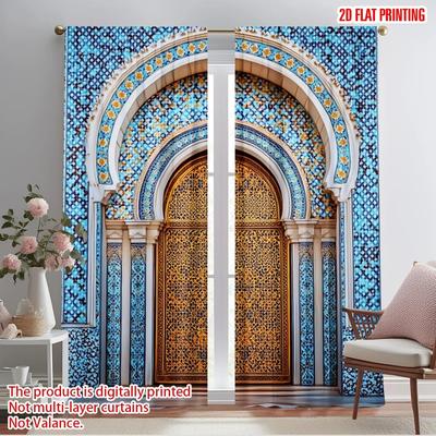 2pcs 2D Flat Printing Curtains Ancient Moroccan Palace Door 100% Polyester Fabric Without Electricity Festive Holiday Use for
