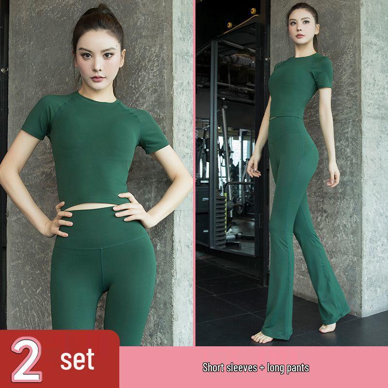 Women's Quick-Dry Yoga Set: Short Sleeve Top, Hip-Covering Skirt & Slimming Flare Pants - Spring/Summer