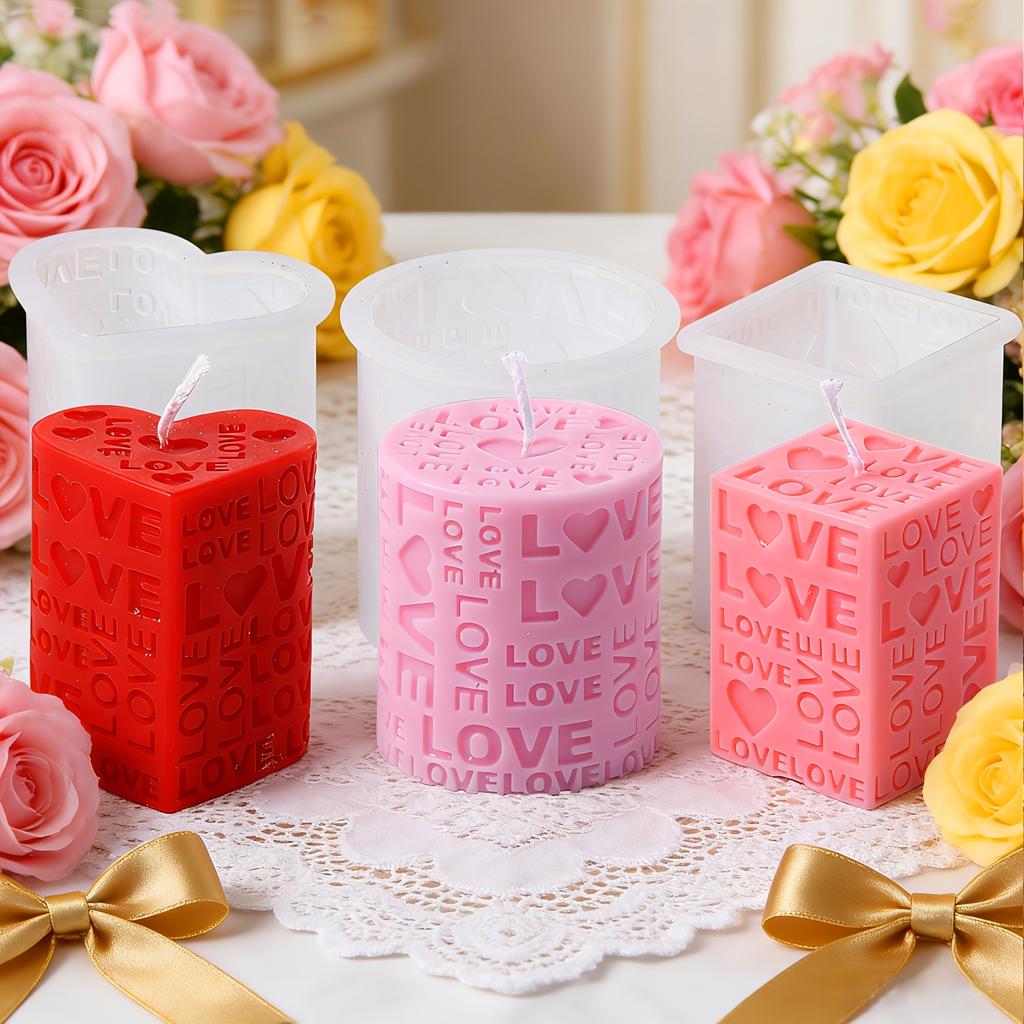 1pc Love Pillar Candle Mold | Embossed LOVE Letters Cylinder & Cube Mold, Silicone Material, Irregular Shape, Ideal for Wedding, Handmade Soap