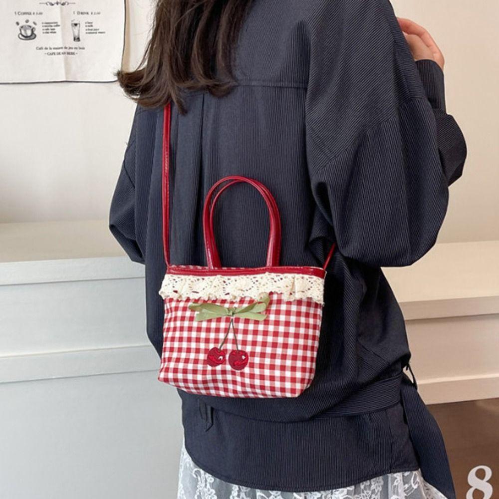 Polka Dot Lace Plaid Handbag Bowknot Sweet Crossbody Bag Portable Lattice Cherry Handbag  Students