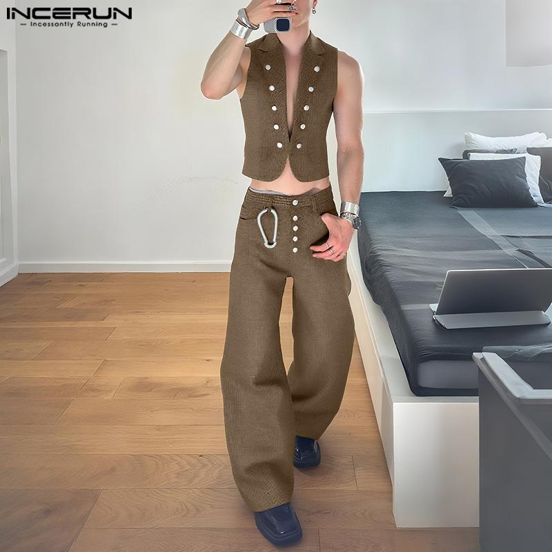 INCERUN 2PCS Two Pieces Men Sleeveless Texture Cropped Waistcoat and Long Straight Pants Sets