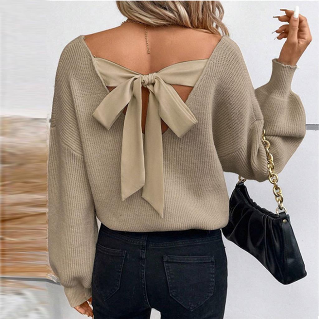 Women's Bow Knit Sweater Long Sleeve Backless V-Neck Drop Chunky Pullover Sweater