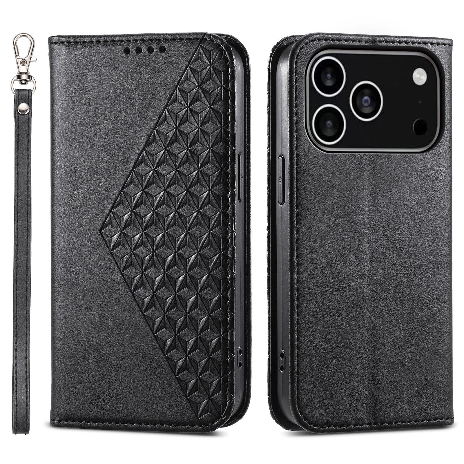 

Чехол для iPhone 17 Pro из искусственной кожи с текстурой теленка, чехол-кошелек для телефона с ремешком на запястье Black