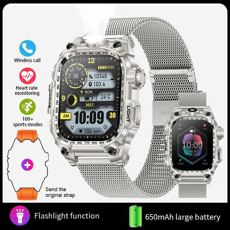 Nuovo Multifunzionale Schermo Grande Quadrato Smartwatch da Esterno Torcia Monitoraggio della Salute Bracciale Sportivo da Uomo