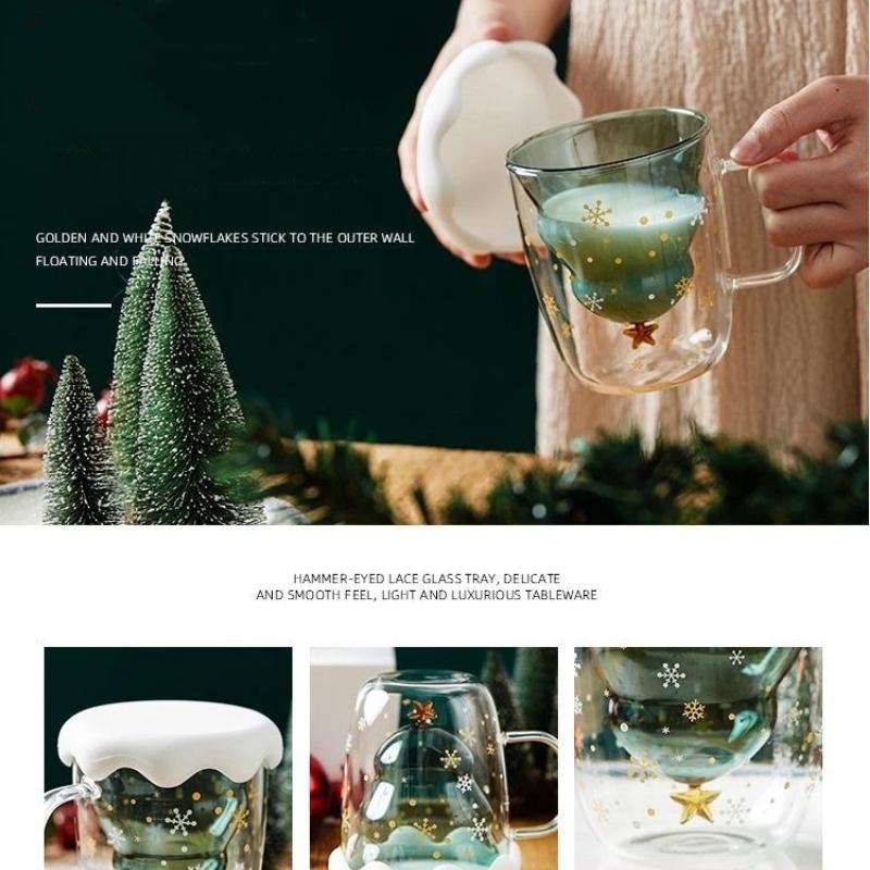 Christmas Tree Double Wall Glass Mug – Heat Resistant Snow Mountain Cup for Coffee, Milk & Holiday Drinks