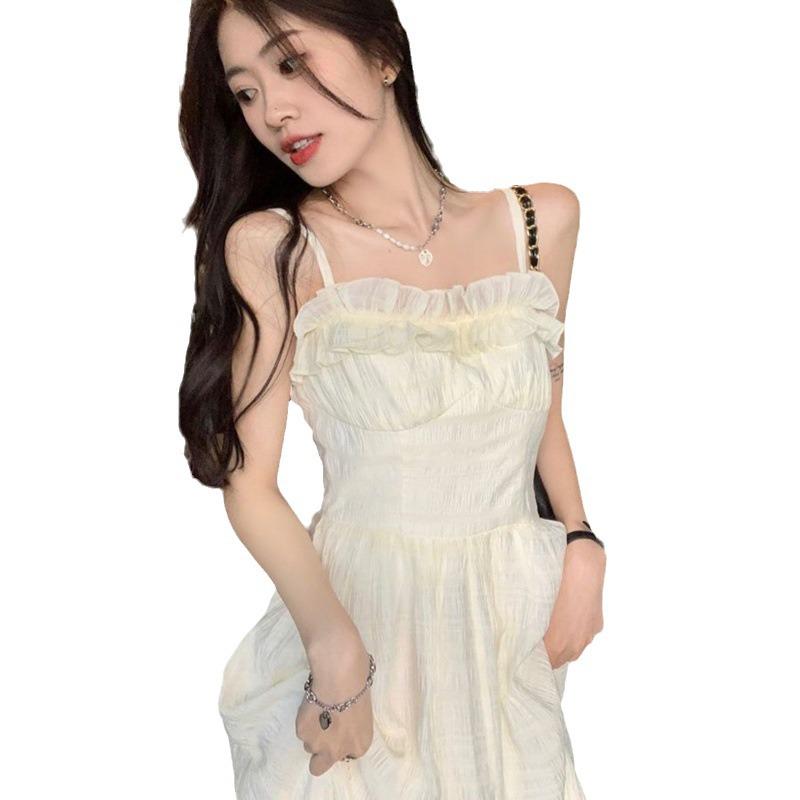 Summer 2025 Women's Ruffle Strap Sundress - Sweet French Waist-Slimming Long Dress