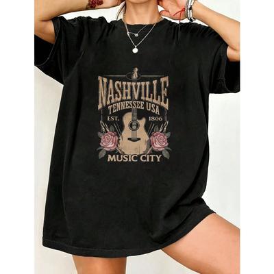 Oversized T-Shirt Black Nashville Tennessee Usa Music City Guitar And Roses Print Casual Streetwear For Women