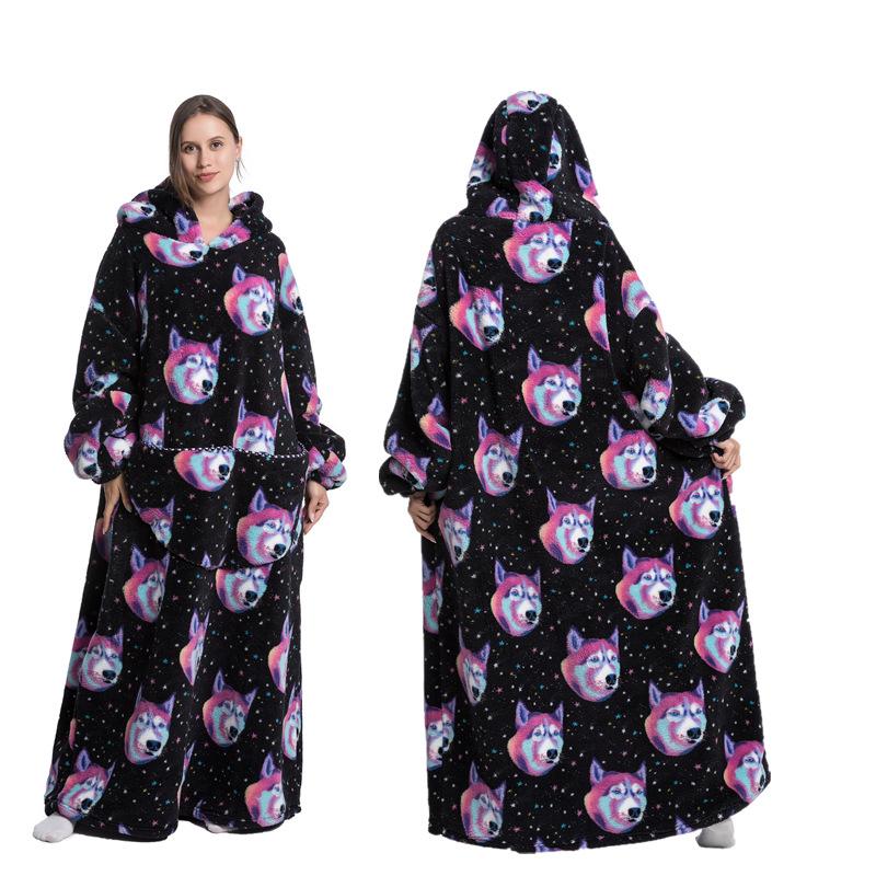 Zimní zateplený fleecový župan s kapucí pro ženy 140 cm oversized deka s rukávy Fleece zateplené mikiny Mikiny Obří TV deka Dámský župan s kapucí