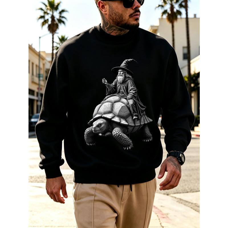 Men'S Graphic Print Crew Neck Sweatshirt With Wizard Riding Tortoise Illustration, Loose Fit, For Streetwear And Outdoor Wear.