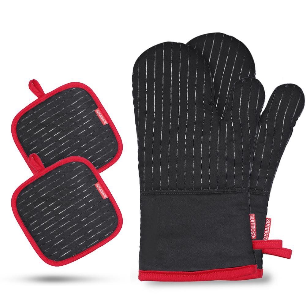 Cotton Silicone Oven Mitts Heat Resistant Non-Slip Barbecue Gloves Kitchen Oven Gloves Potholders 1 Pair Oven Mitts 2 Pot Holder