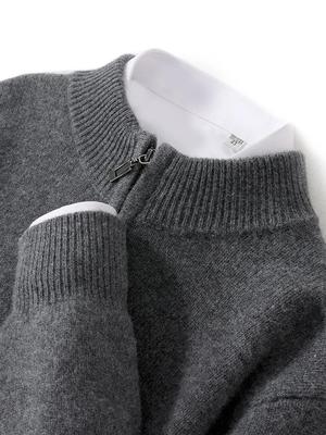 Men's Wool Zippered Pullover - 100% Pure Wool, Half-High Collar, Long Sleeve, Business Casual Sweater