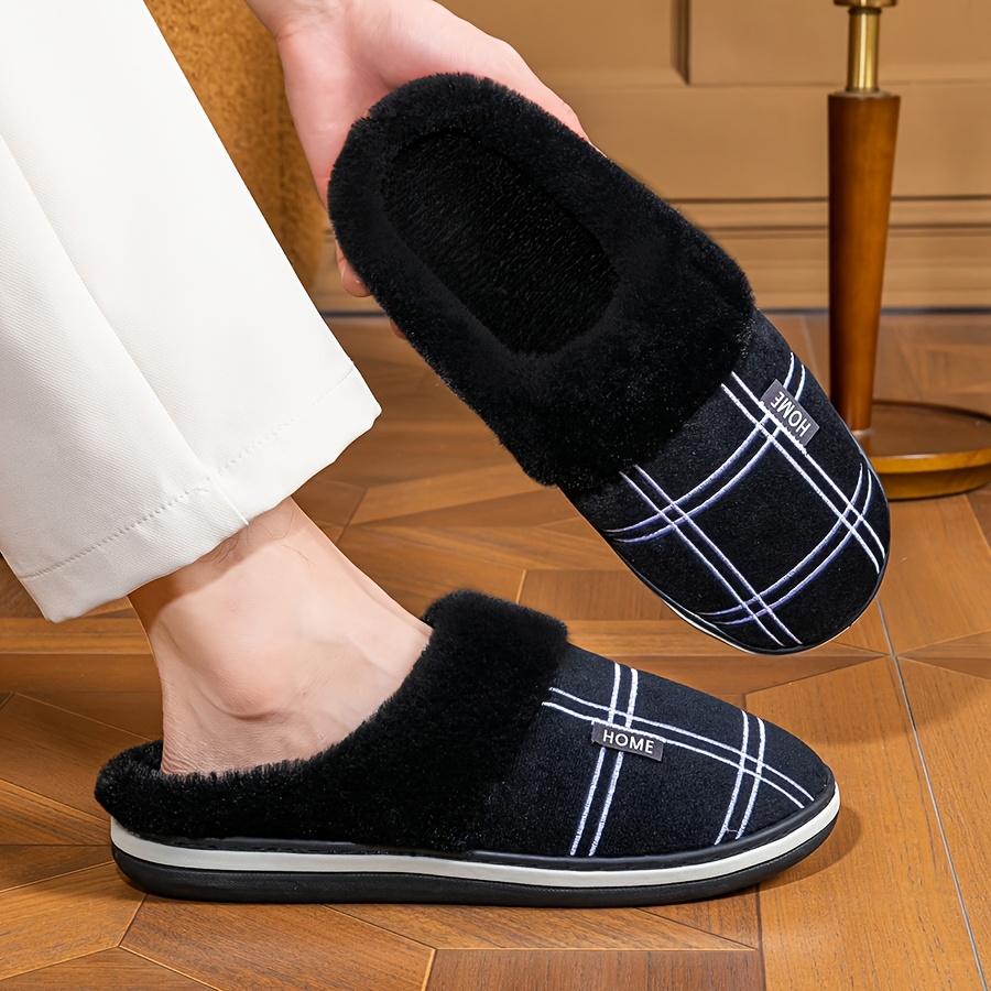[Winter Slippers] Cozy Plush Winter Slippers for Men | Soft Fleece Lined, Memory Foam Support, Non-Slip TPR Sole, Round Toe, Gray Checkered Pattern