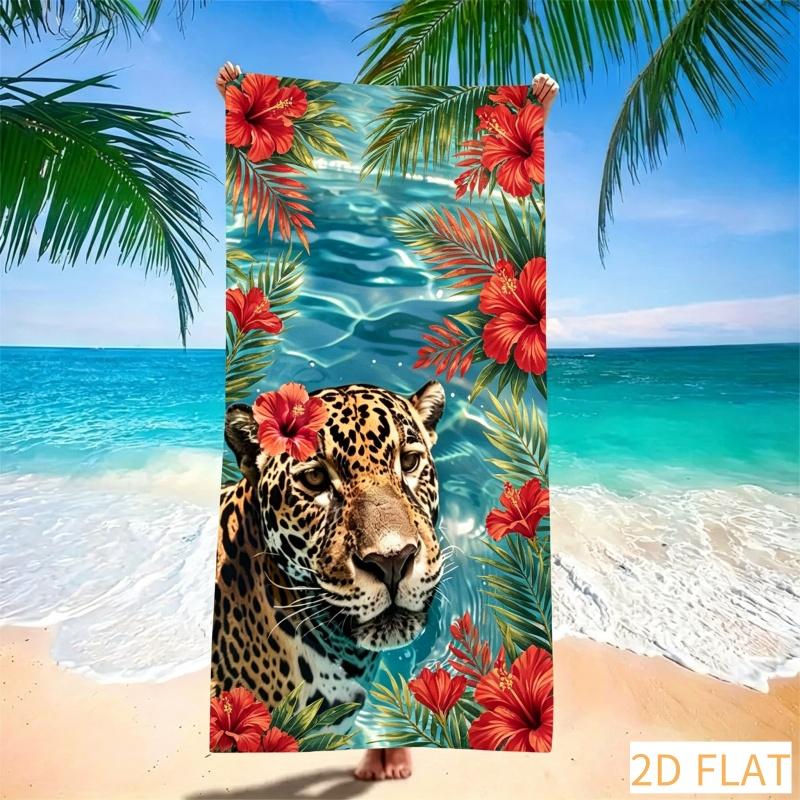 Absorbent Quick Dry Microfiber Beach Towel - Blue Water With Leopard Hibiscus, Lightweight Sand Free Blanket For Picnic
