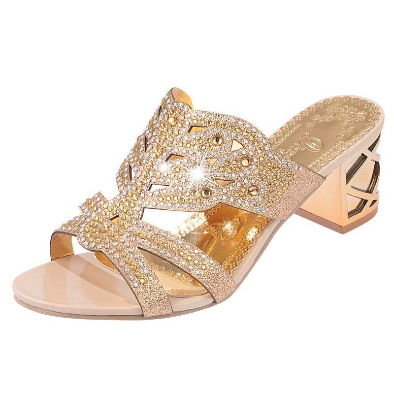 Outside Shoes for Women Rhenstone Sandals Heeled 39 Slides Summer 2025 Luxury Woman Slippers On Sale Chic and Elegant H Sandal