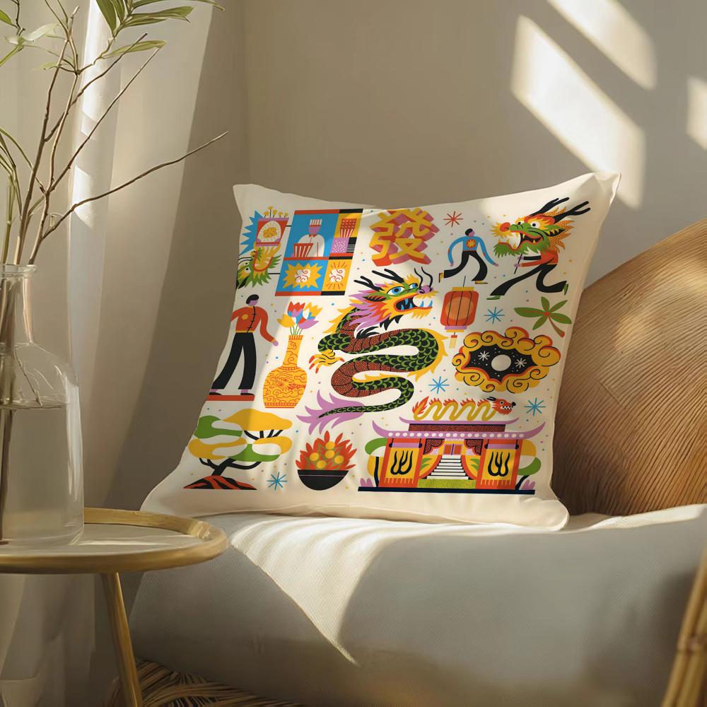 Oriental Festive Lion Print Cushion Cover Silky Elegant Comfort Sofa Bed Invisible Zipper Beach Pillowcase