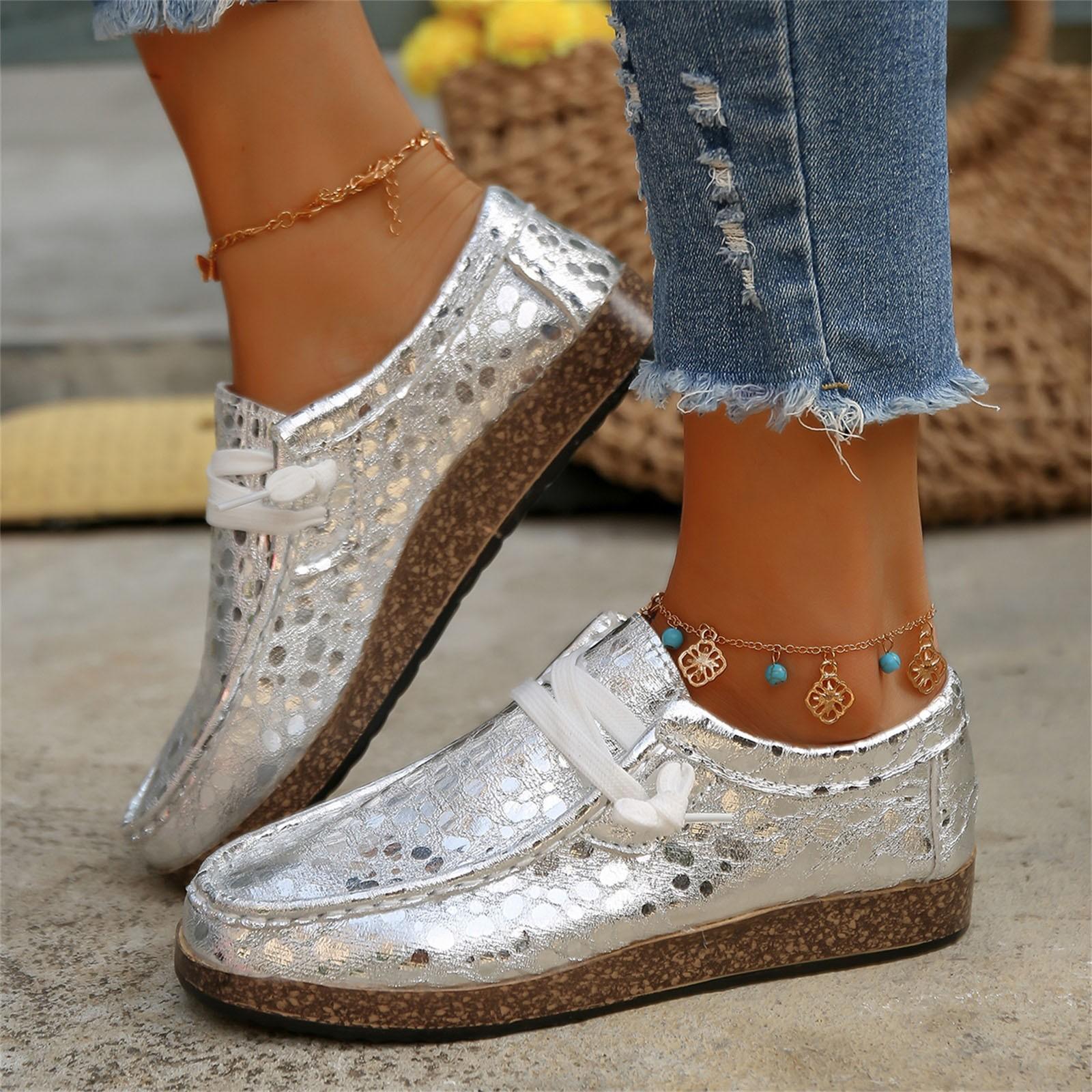 

Running Shoes For Women Leisure Sneaker Breathable Fashion Casual Footwear Lace-up Round Toe Walking Flat Vulcanized Shoes 42 серебряный