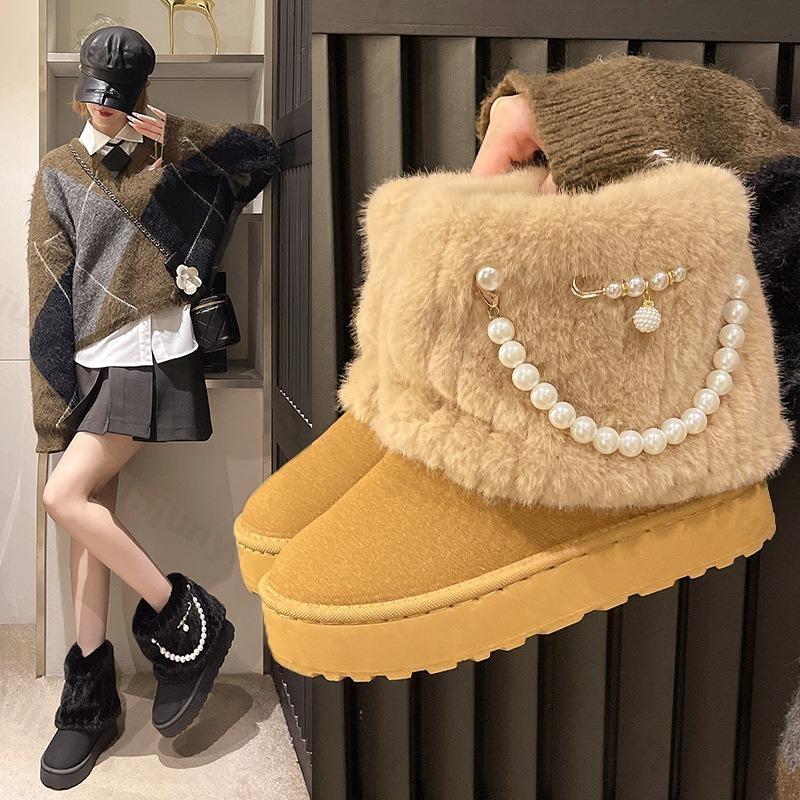 Fashion Women Snow Boots 2025 Winter Plush Warm Anti Slip Comfortable Ankle Boots Fluffy Round Toe Platform Pearl Chain Cotton Boots