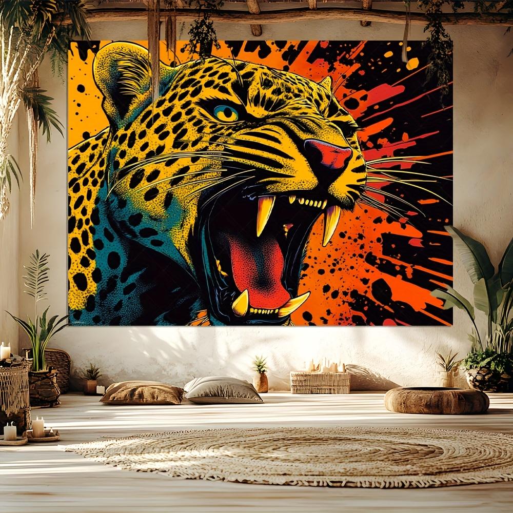 Wild Roar Tapestry-Fierce leopard with golden spots in the middle-Roar, bold animal background, wall art for modern decoration 100X70CM
