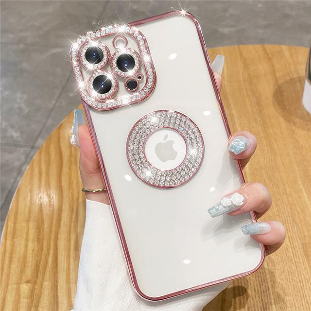 For iPhone 16 Pro Max Luxury Glitter Rhinestone Plating Frame Phone Case For iPhone 11 12 13 14 15 16 Plus Diamond Lens Cover