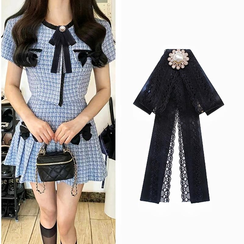 Crystal Pearls Ribbon Bowknot Brooch Pin Bowtie for Women Shirt Jabot Collar Pre Tied Necktie Clip Clothing Accessories