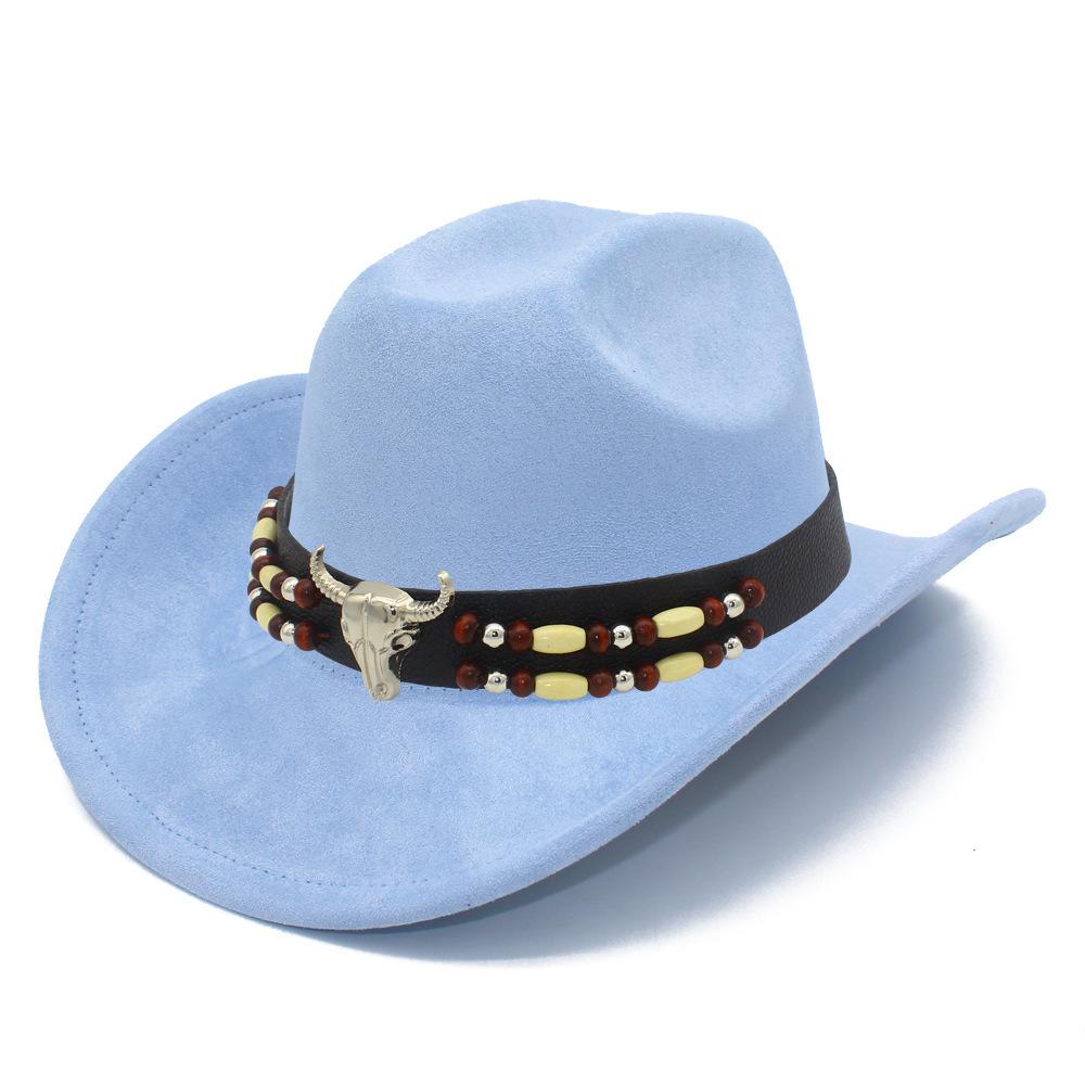 European and American Retro Ethnic Style Suede Top Hat Fashion Big Eaves Western Cowboy Hat Personalized Bull Head Tibetan Jazz Hat