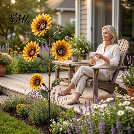 Outdoor Backyard Decorations Vintage Sunflower Hummingbird Feeder, Metal Garden Stake Water Station, Decorative Bird Station Floral Feeding