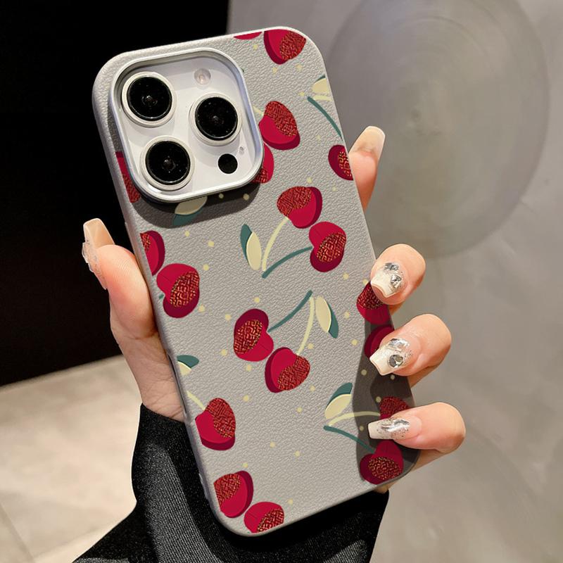 Cherry Print Slim Matte for Magsafe Case For iPhone 16 Pro Max 15 14 Pro 13 12 11 TPU Leather Texture Shockproof Soft Magnetic Phone Cover