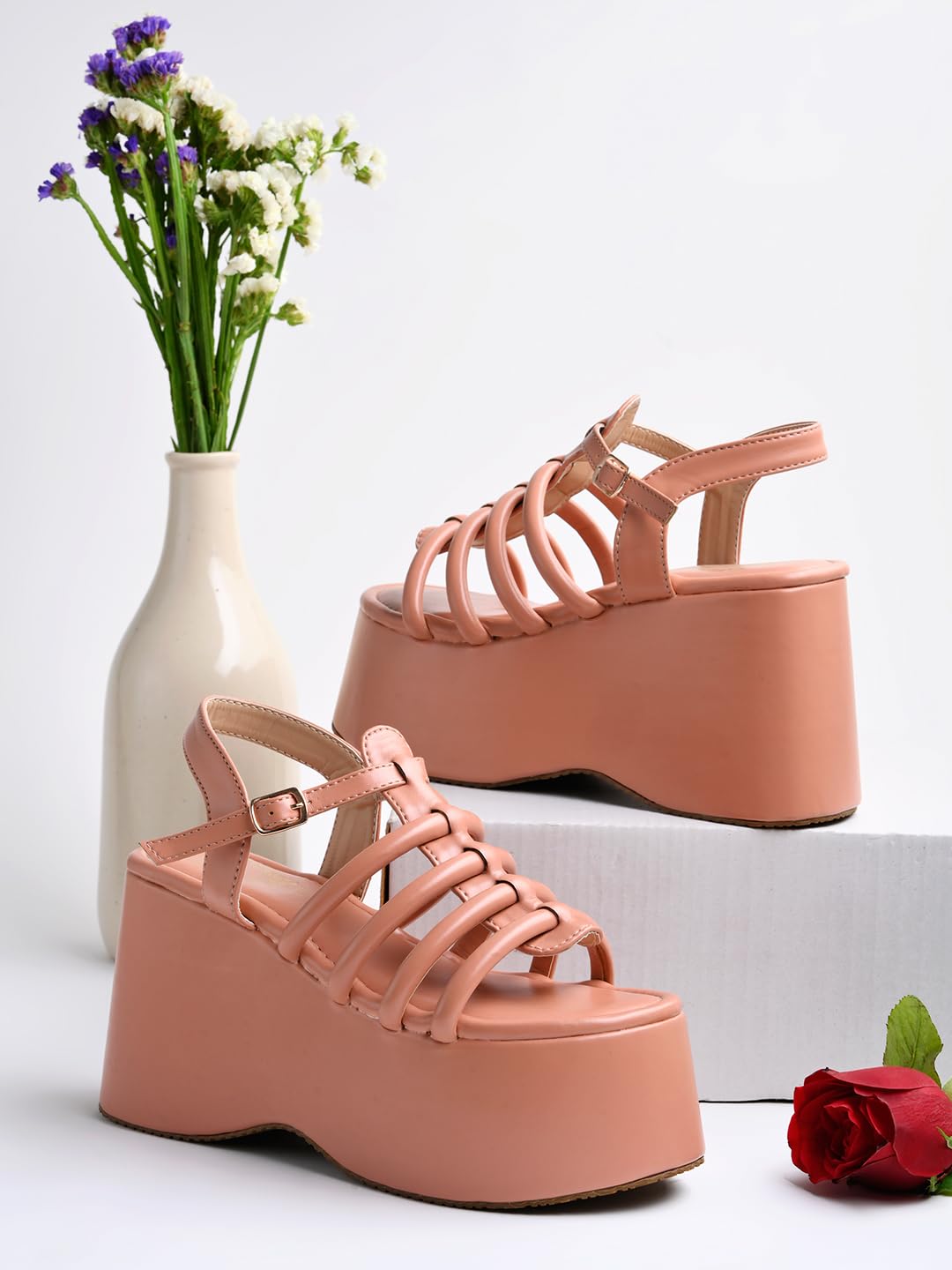 

Shoetopia Women S Peach Platform Sandals Chunky Wedge Gladiator Style|| Caged Straps & Adjustable Buckle Trendy Summer 8 UK персиковый