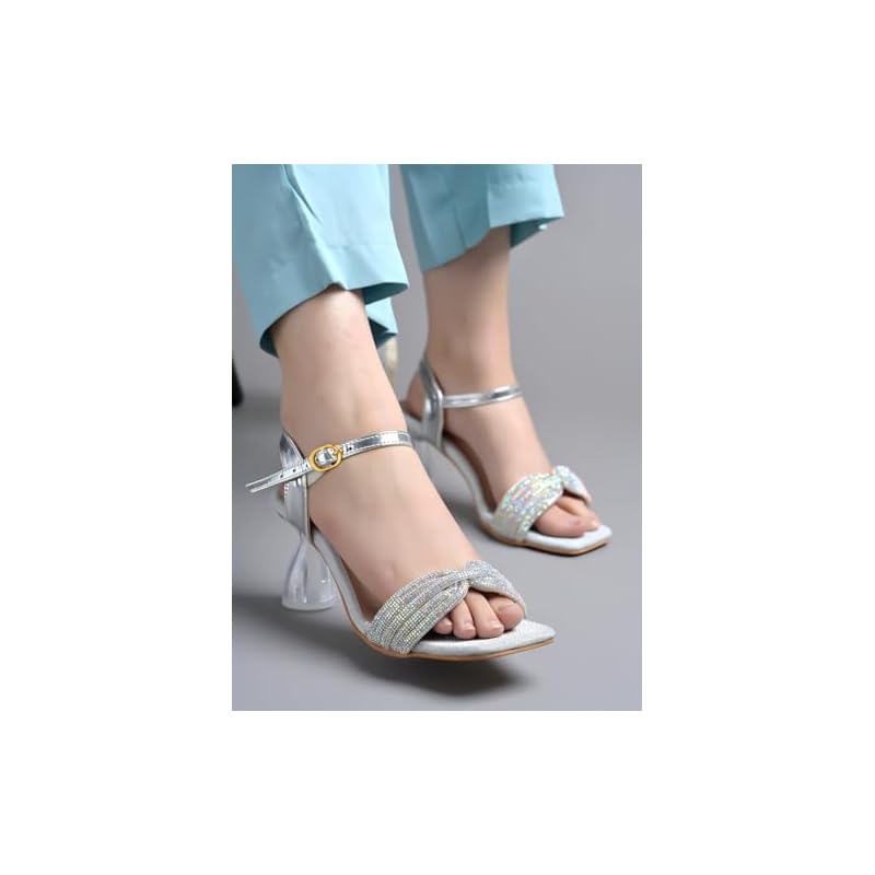 Shoetopia Embellished Rhinstone Silver Heeled Sandals For Women & Girls /Eu40