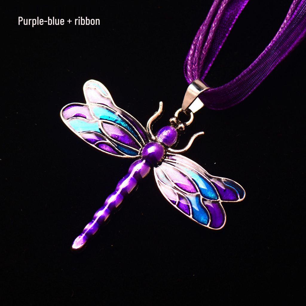 Silver Dragonfly Necklace with Luminous Butterfly - Retro Forest-Inspired