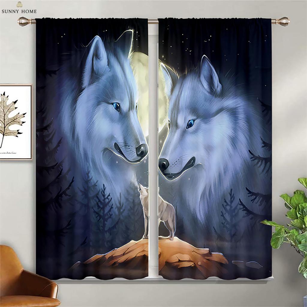 Blackout Heat Insulation Curtains Dream Starry Sky Wolf Print Curtains Children's Room Living Room Outdoor Decorative Curtains