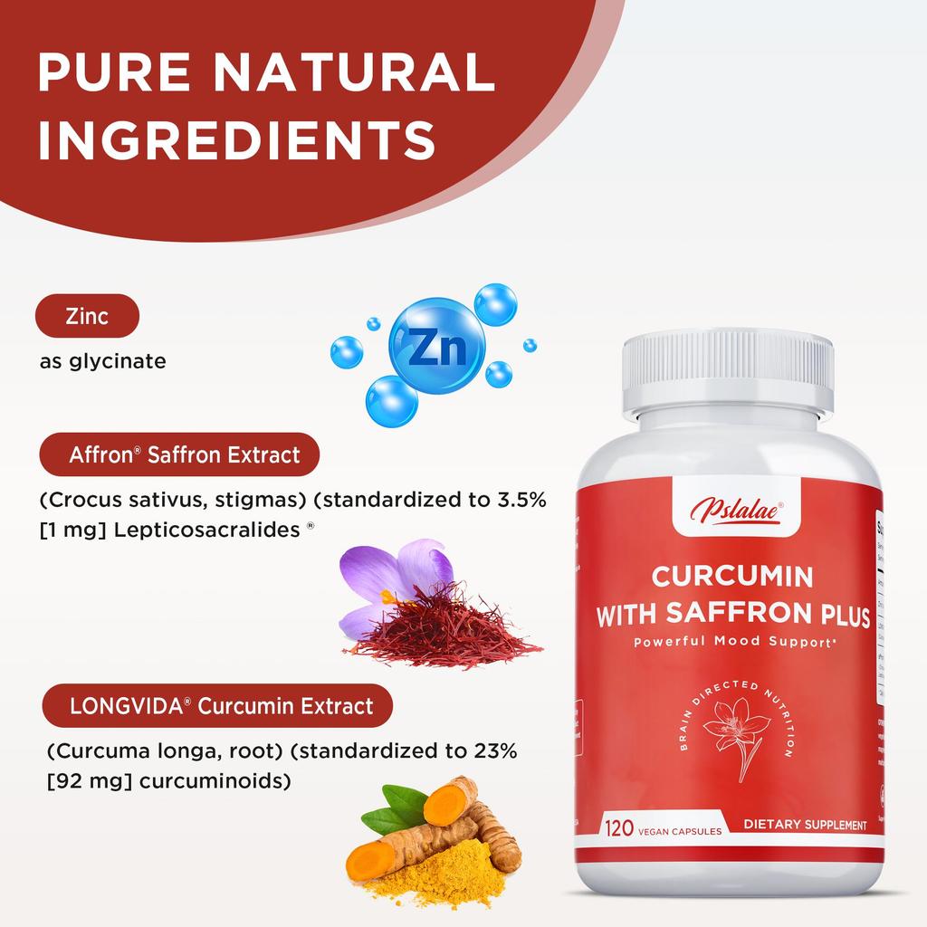 Curcumin capsules with zinc and saffron extract; supports mood regulation and boosts daily vitality; suitable for adults.