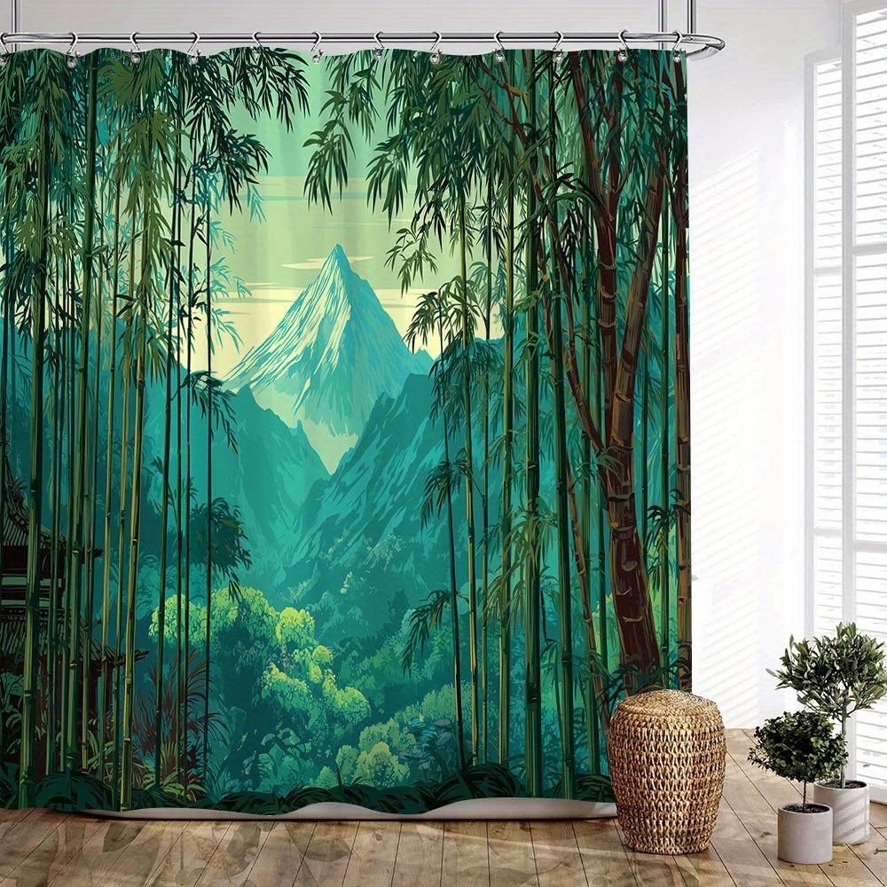 1pc Serene Bamboo Forest Shower Curtain - Japanese Style with Snow-Capped Mountain & Pastel Sky, Zen Bathroom Decor, Includes