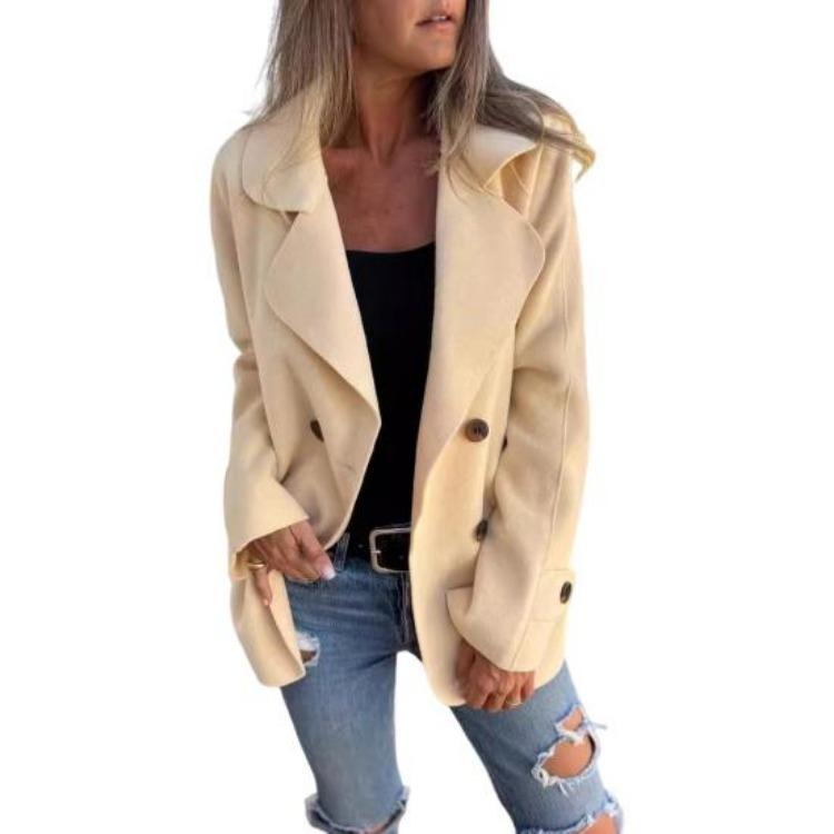 Women Winter Double Breasted Woolen Overcoat Turn Down Collar Loose Fit Thermal Long Sleeve Coat Solid Color Dating Commuting Outerwear