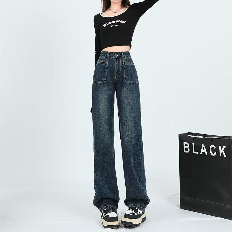 

Women s High-Waist Retro Blue Jeans: Autumn Niche Design, Sweet & Spicy Wide-Leg Pants - Trendy High Street Style M синий