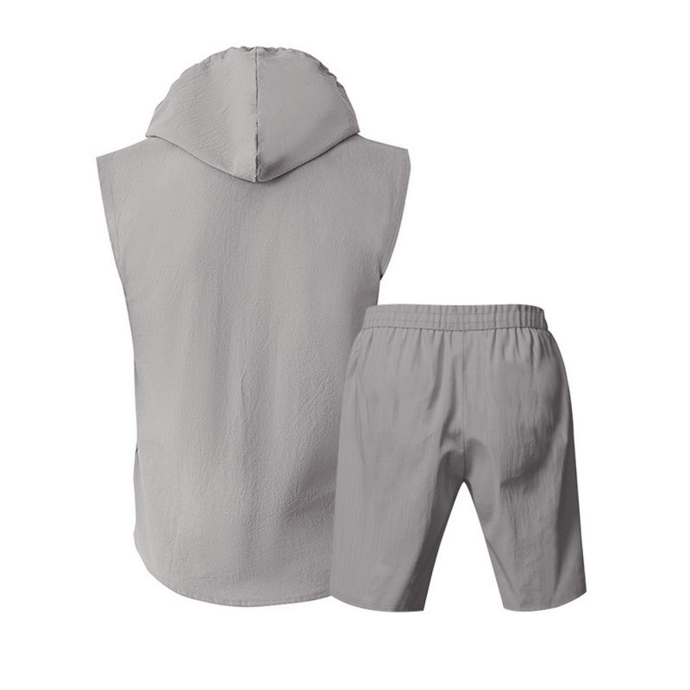 Mens Summer 2 Piece Outfit Shorts Set with Sleeveless Hooded Shirt Top Cotton Beach Casual Loose Fit Comfortable Athletic