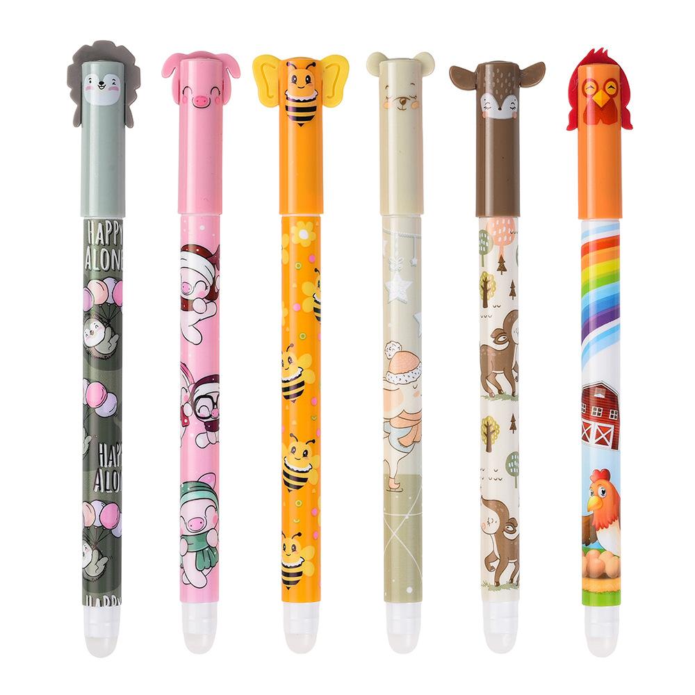 6 Colors Erasable Gel Pen 0.5mm Cute Cartoon Animal Erasable Pen Colors Ink Ballpoint Pen Writing Error Erasable for School