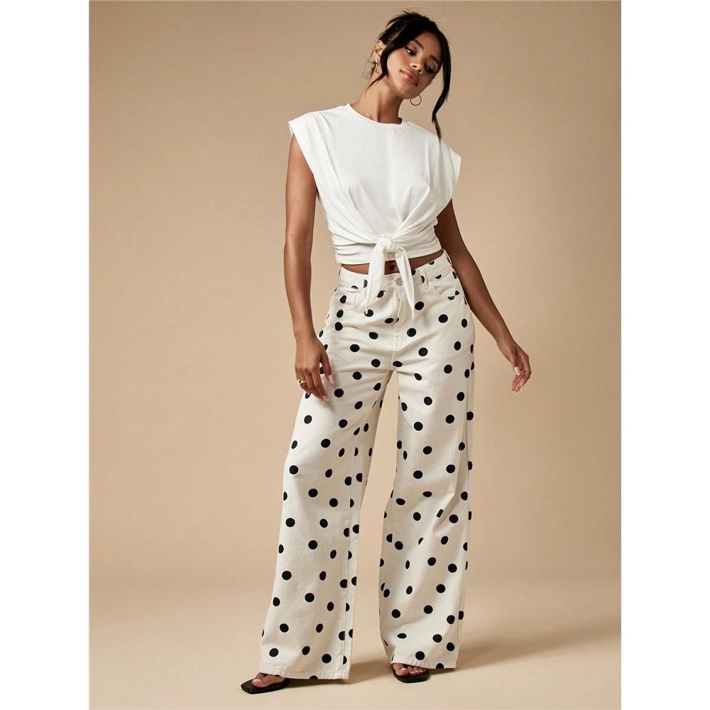Fashionable Women's Polka Dot Loose Casual Mid-waist Denim Trousers