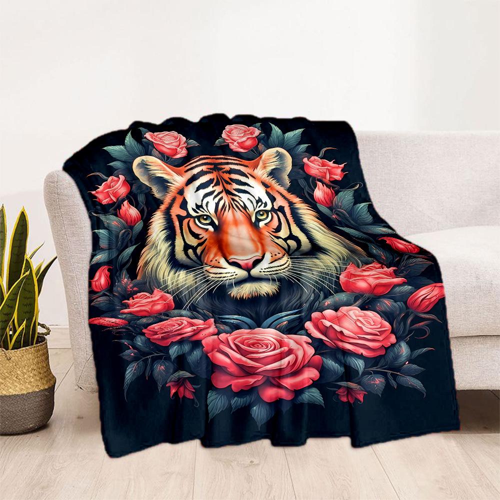 Tiger And Roses Blanket Suitable for Offices, Travel, Living Rooms Also a Good Gift for Friends and Family Suitable for All Seasons.