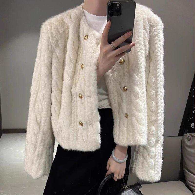 

Осенне-зимняя новая утолщенная шуба из искусственного меха, женское пальто с круглым вырезом, двубортное, короткое, свободного кроя S [75-50kg]