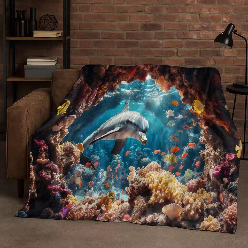 3D Illusion Underwater World Breaking Wall Art Flannel Blanket,Ultra Soft Warm Plush Throw for Home Bedroom Bed Sofa Cover Gift