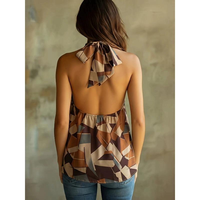 VEZFAA Moda Donna Casual Estate Primavera Stampa a Blocchi di Colore Senza Maniche Scollo all'Americana Bluse & Camicie